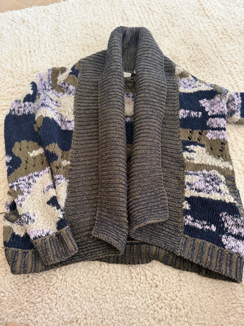 Anthropologie Camo Knit Cardigan Shawl Collar Open Front | Sz XS
